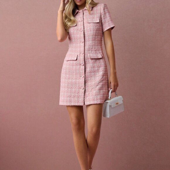 Pink Elegant Romantic Women's Tweed Short Sleeve Mini Dress - Picture 1 of 7